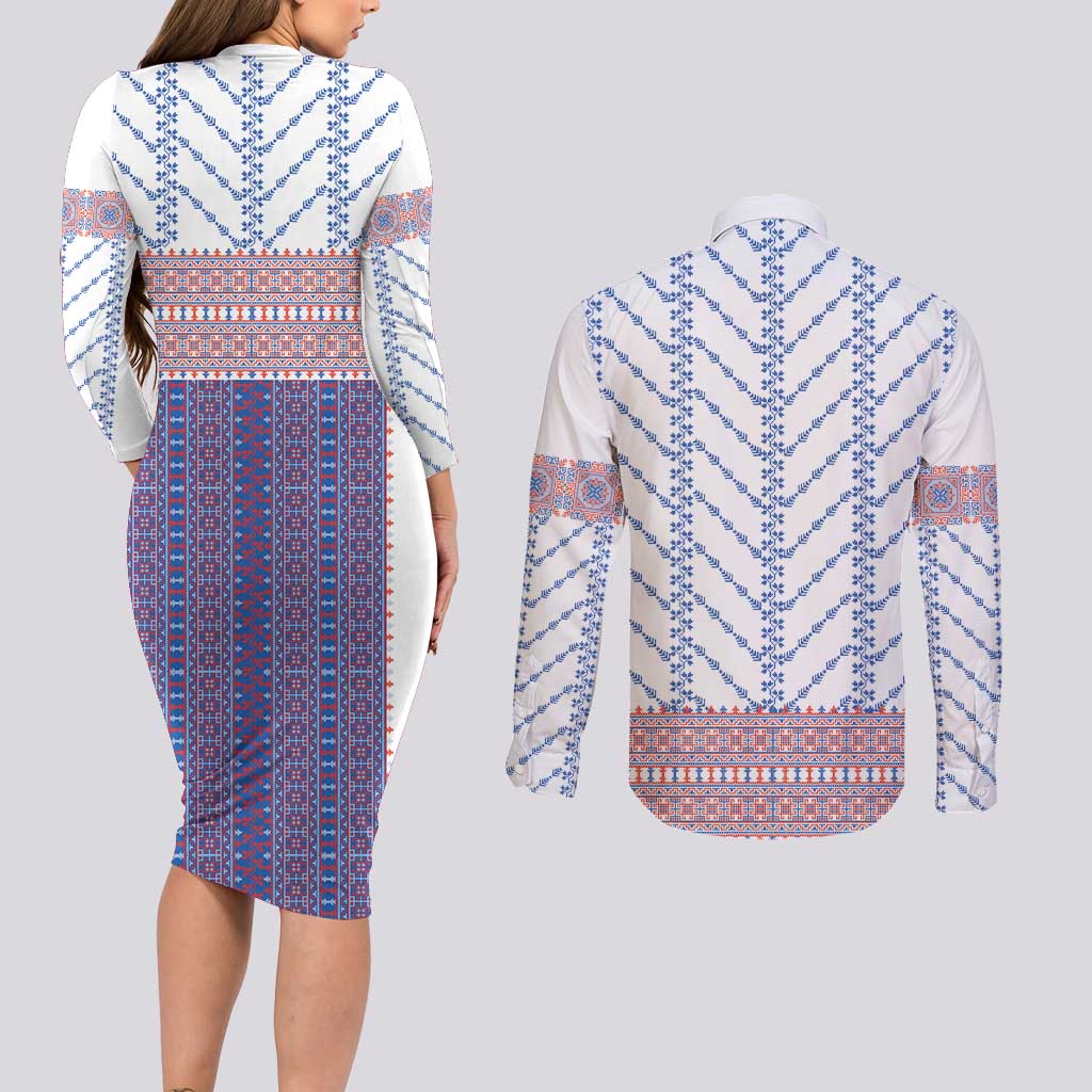 Traditional Romanian Costume Couples Matching Long Sleeve Bodycon Dress and Long Sleeve Button Shirt National Folk Patterns - Wonder Print Shop