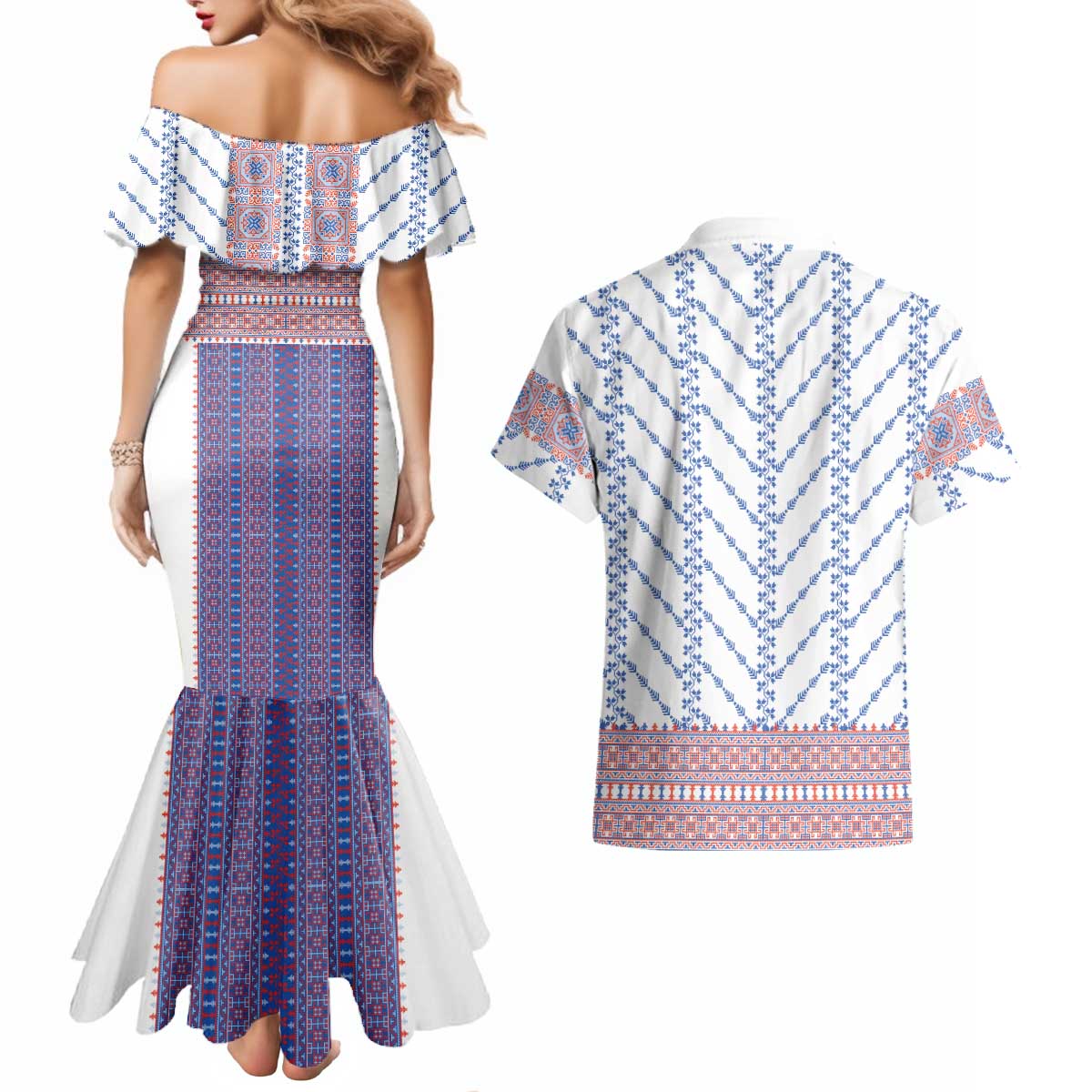 Traditional Romanian Costume Couples Matching Mermaid Dress and Hawaiian Shirt National Folk Patterns - Wonder Print Shop