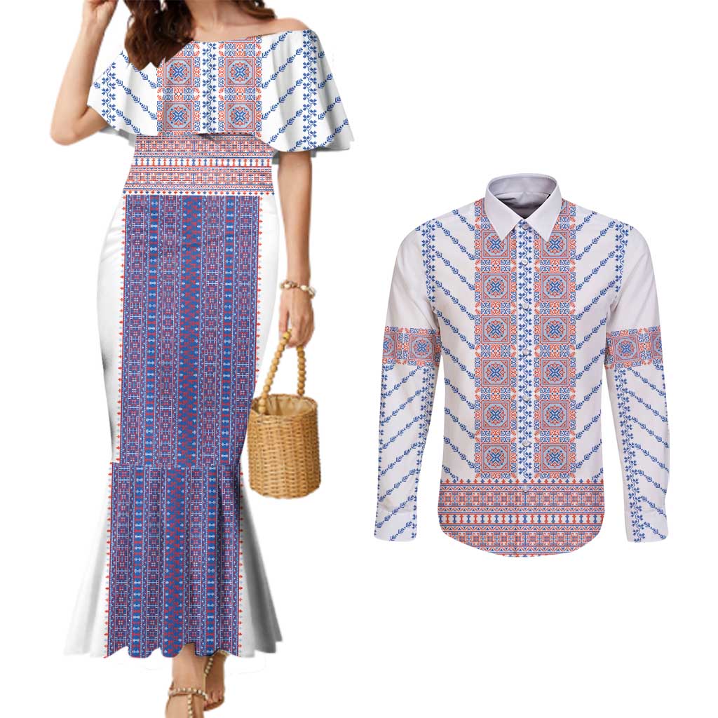 Traditional Romanian Costume Couples Matching Mermaid Dress and Long Sleeve Button Shirt National Folk Patterns - Wonder Print Shop