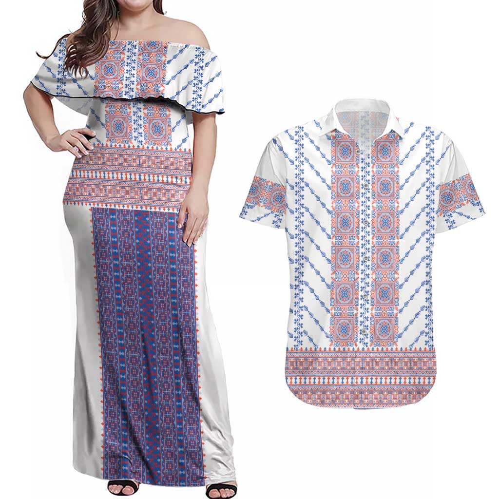 Traditional Romanian Costume Couples Matching Off Shoulder Maxi Dress and Hawaiian Shirt National Folk Patterns - Wonder Print Shop