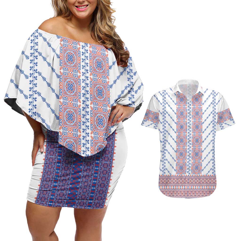 Traditional Romanian Costume Couples Matching Off Shoulder Short Dress and Hawaiian Shirt National Folk Patterns - Wonder Print Shop