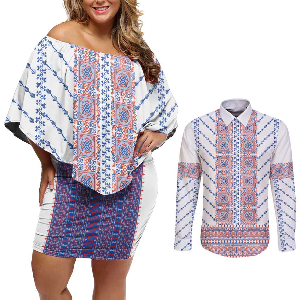 Traditional Romanian Costume Couples Matching Off Shoulder Short Dress and Long Sleeve Button Shirt National Folk Patterns - Wonder Print Shop