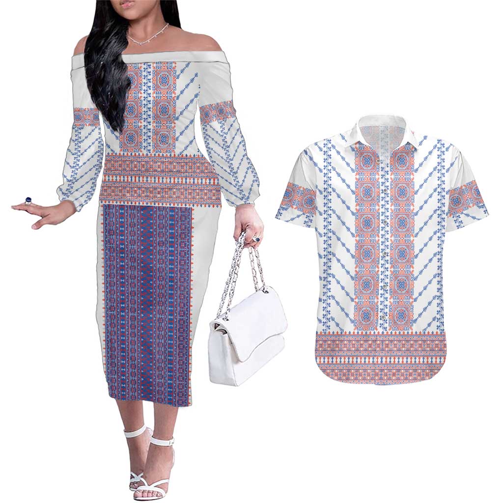 Traditional Romanian Costume Couples Matching Off The Shoulder Long Sleeve Dress and Hawaiian Shirt National Folk Patterns - Wonder Print Shop