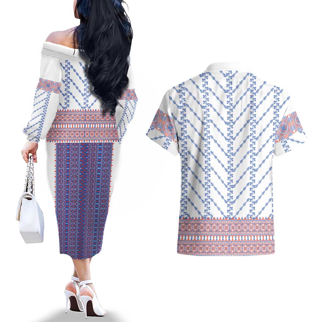 Traditional Romanian Costume Couples Matching Off The Shoulder Long Sleeve Dress and Hawaiian Shirt National Folk Patterns - Wonder Print Shop