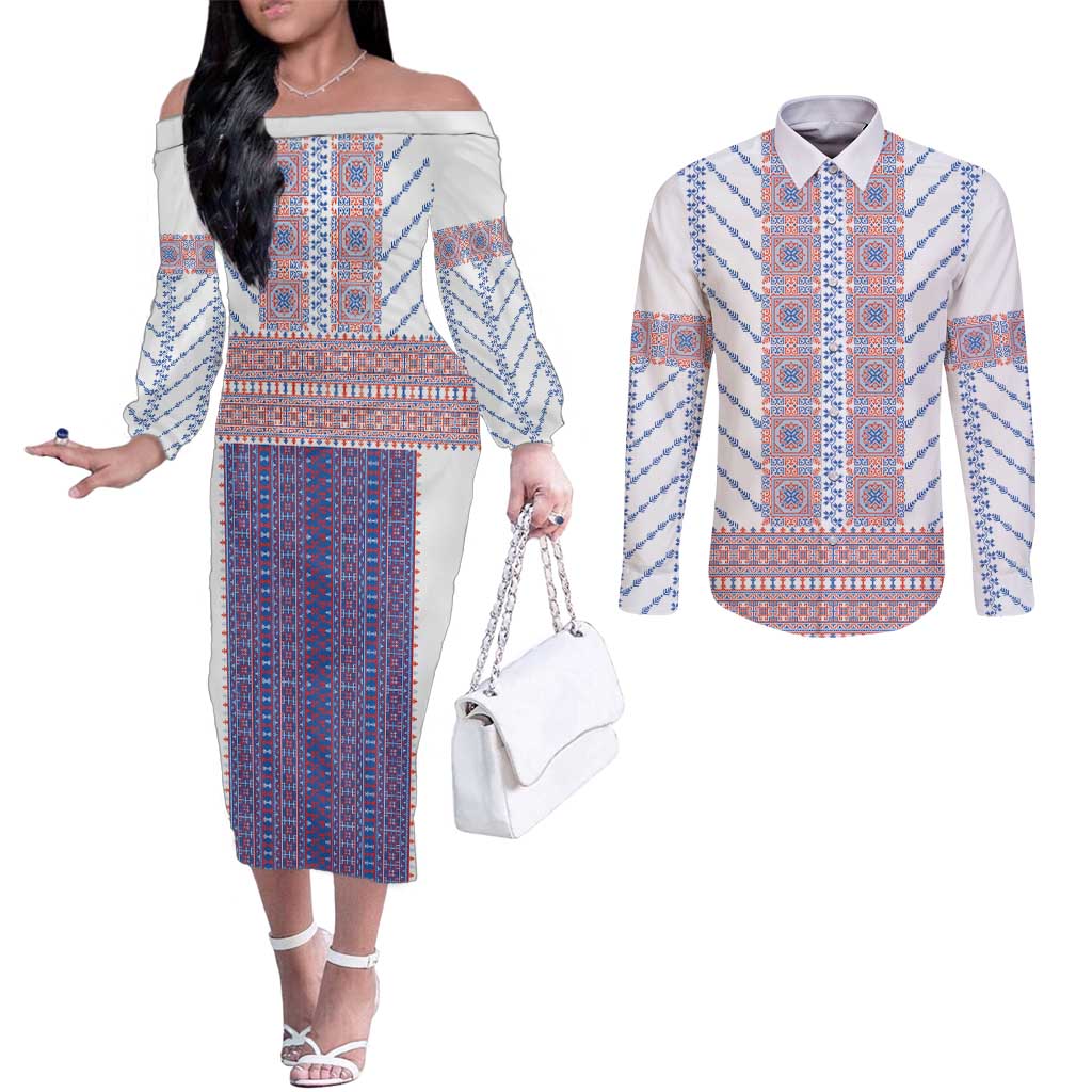 Traditional Romanian Costume Couples Matching Off The Shoulder Long Sleeve Dress and Long Sleeve Button Shirt National Folk Patterns - Wonder Print Shop