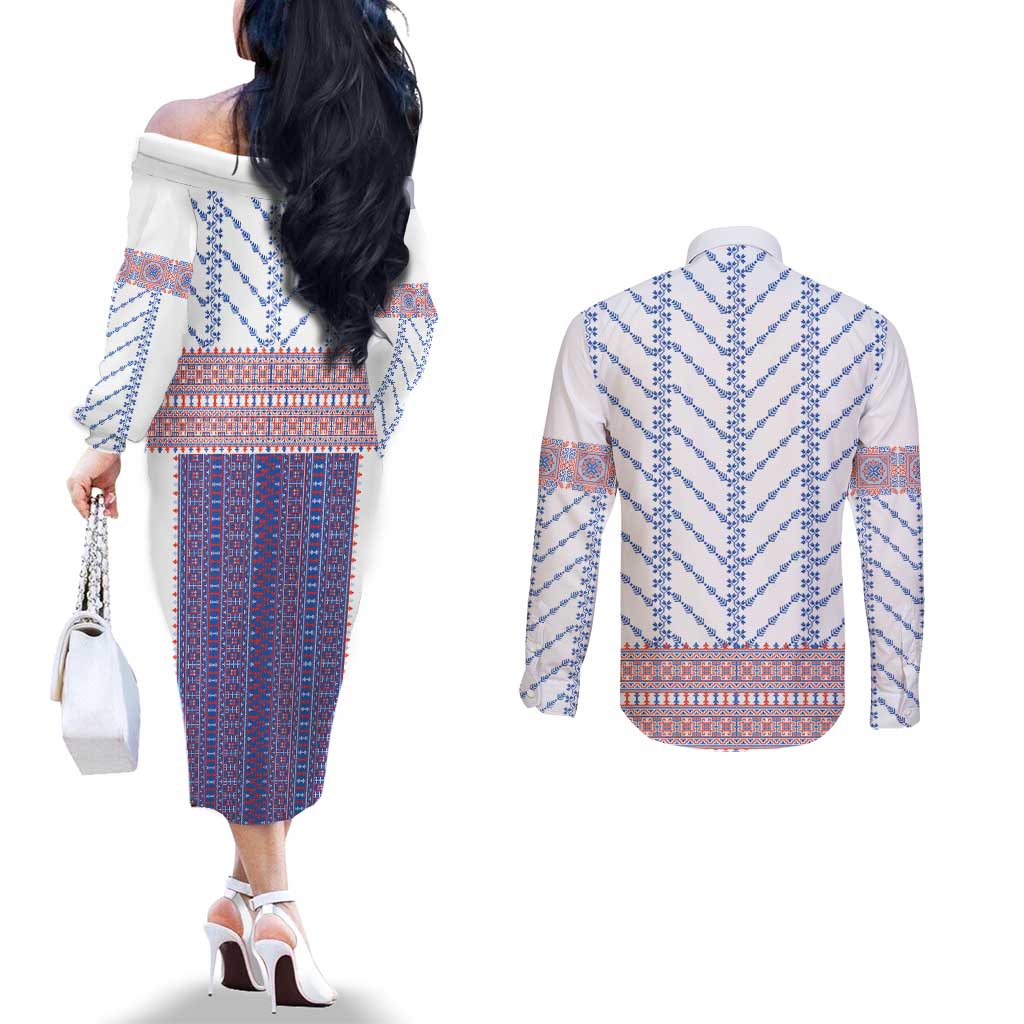 Traditional Romanian Costume Couples Matching Off The Shoulder Long Sleeve Dress and Long Sleeve Button Shirt National Folk Patterns - Wonder Print Shop