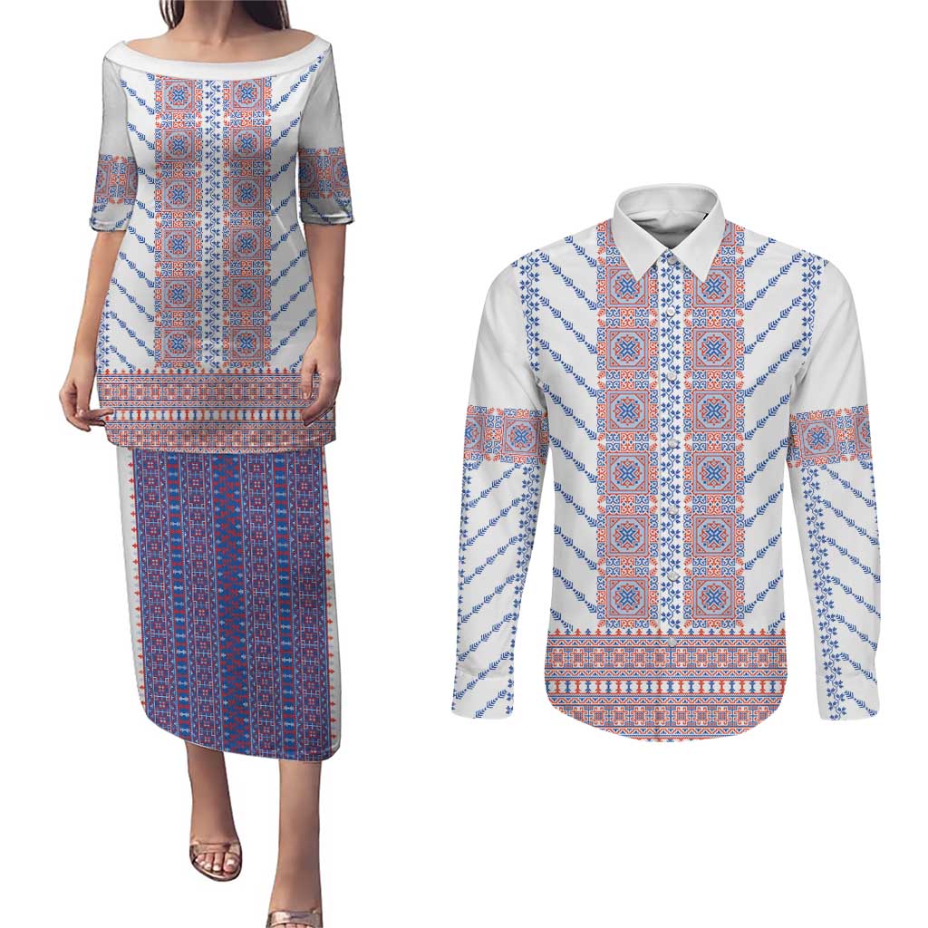 Traditional Romanian Costume Couples Matching Puletasi and Long Sleeve Button Shirt National Folk Patterns - Wonder Print Shop