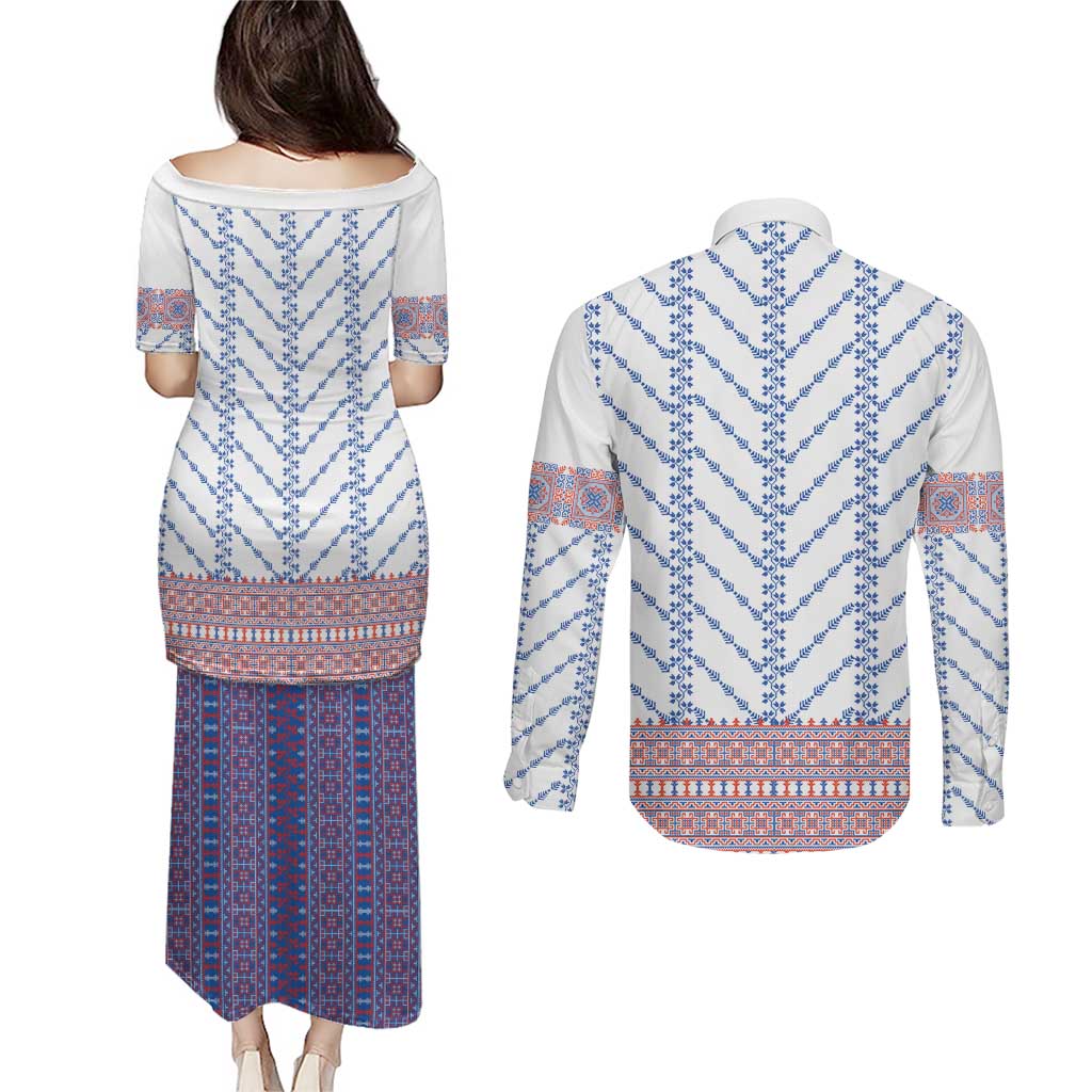 Traditional Romanian Costume Couples Matching Puletasi and Long Sleeve Button Shirt National Folk Patterns - Wonder Print Shop