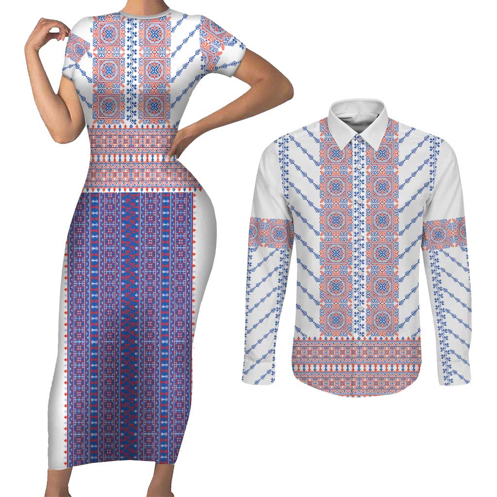 Traditional Romanian Costume Couples Matching Short Sleeve Bodycon Dress and Long Sleeve Button Shirt National Folk Patterns - Wonder Print Shop