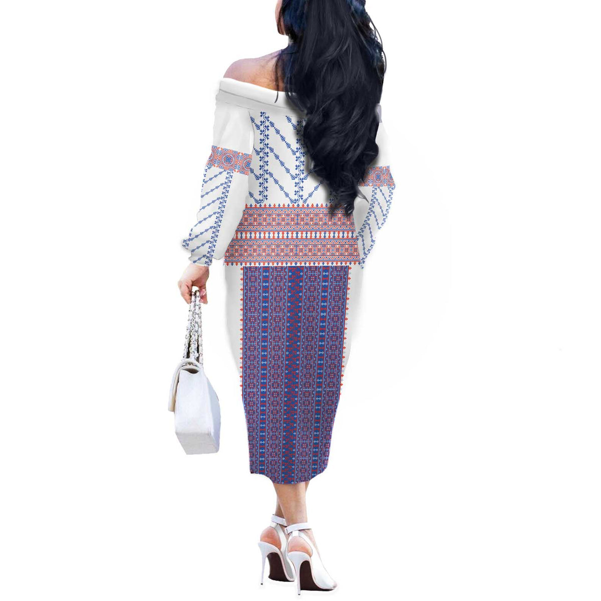 Traditional Romanian Costume Off The Shoulder Long Sleeve Dress National Folk Patterns - Wonder Print Shop