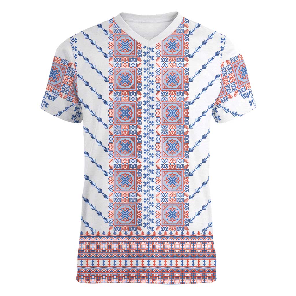 Traditional Romanian Costume Women V-Neck T-Shirt National Folk Patterns - Wonder Print Shop