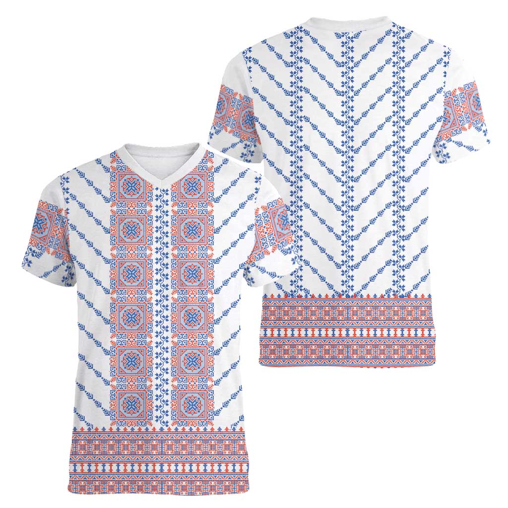 Traditional Romanian Costume Women V-Neck T-Shirt National Folk Patterns - Wonder Print Shop