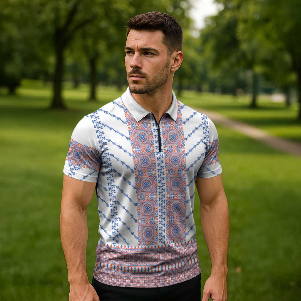 Traditional Romanian Costume Zipper Polo Shirt National Folk Patterns - Wonder Print Shop