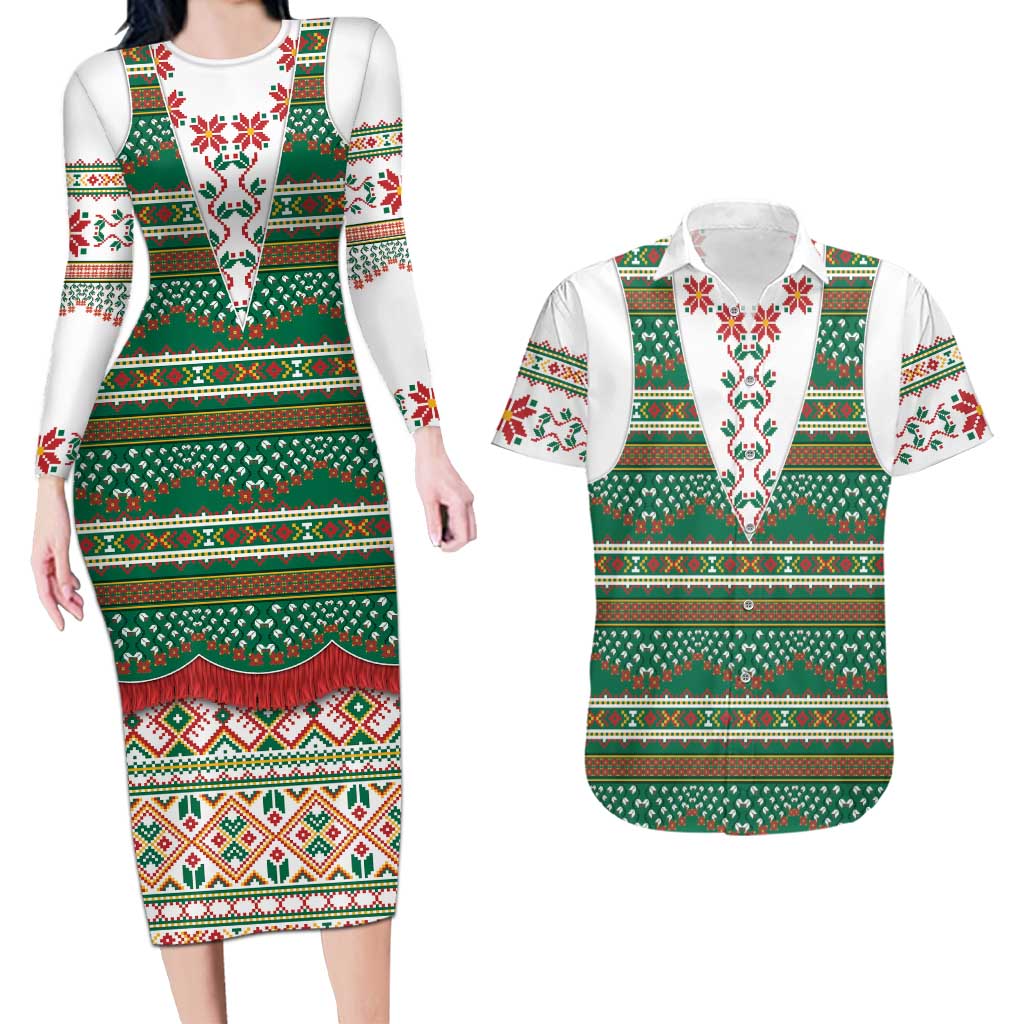 Lithuanian National Costume Couples Matching Long Sleeve Bodycon Dress and Hawaiian Shirt Traditional Folk Pattern - Wonder Print Shop