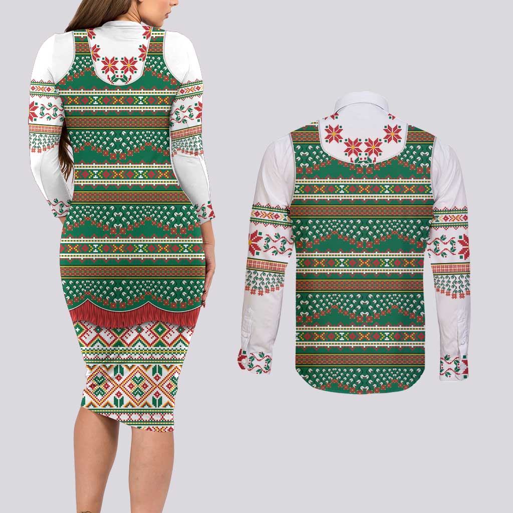 Lithuanian National Costume Couples Matching Long Sleeve Bodycon Dress and Long Sleeve Button Shirt Traditional Folk Pattern - Wonder Print Shop