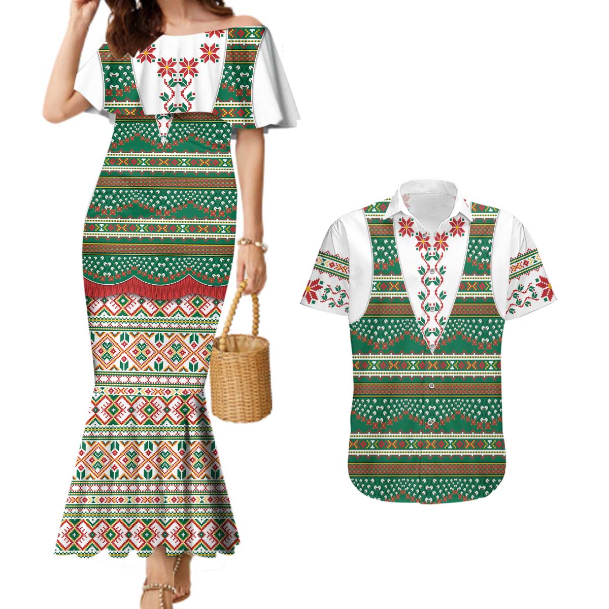 Lithuanian National Costume Couples Matching Mermaid Dress and Hawaiian Shirt Traditional Folk Pattern - Wonder Print Shop