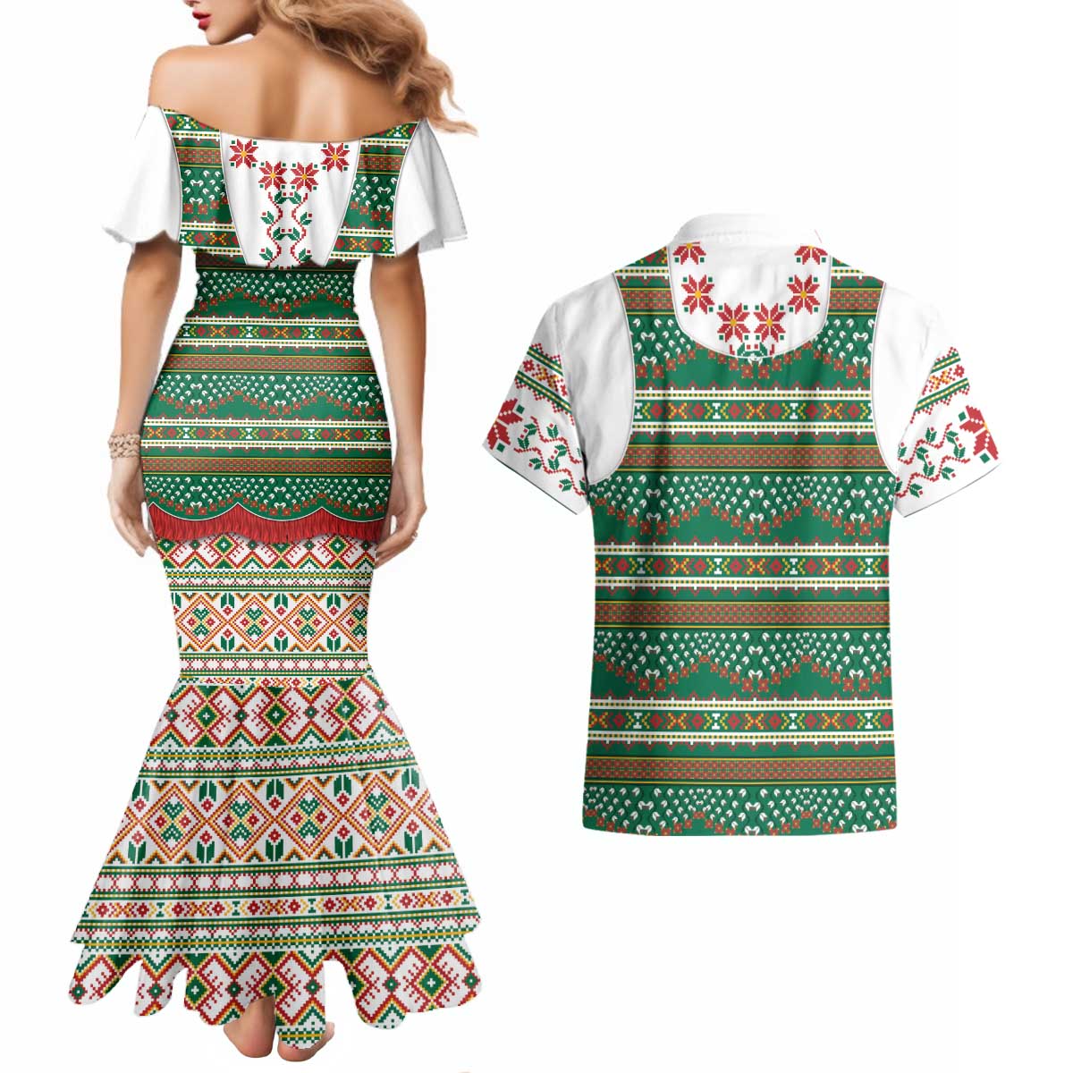 Lithuanian National Costume Couples Matching Mermaid Dress and Hawaiian Shirt Traditional Folk Pattern - Wonder Print Shop