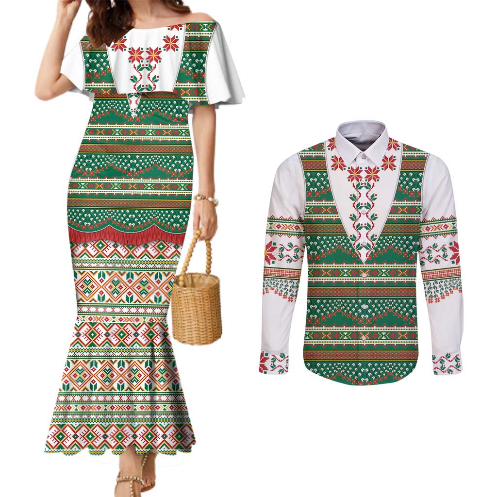 Lithuanian National Costume Couples Matching Mermaid Dress and Long Sleeve Button Shirt Traditional Folk Pattern - Wonder Print Shop