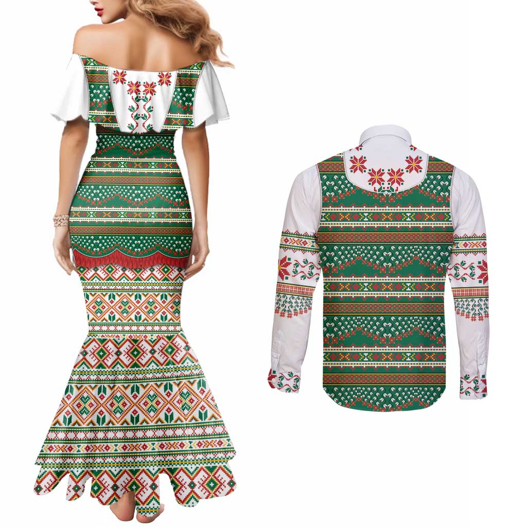 Lithuanian National Costume Couples Matching Mermaid Dress and Long Sleeve Button Shirt Traditional Folk Pattern - Wonder Print Shop