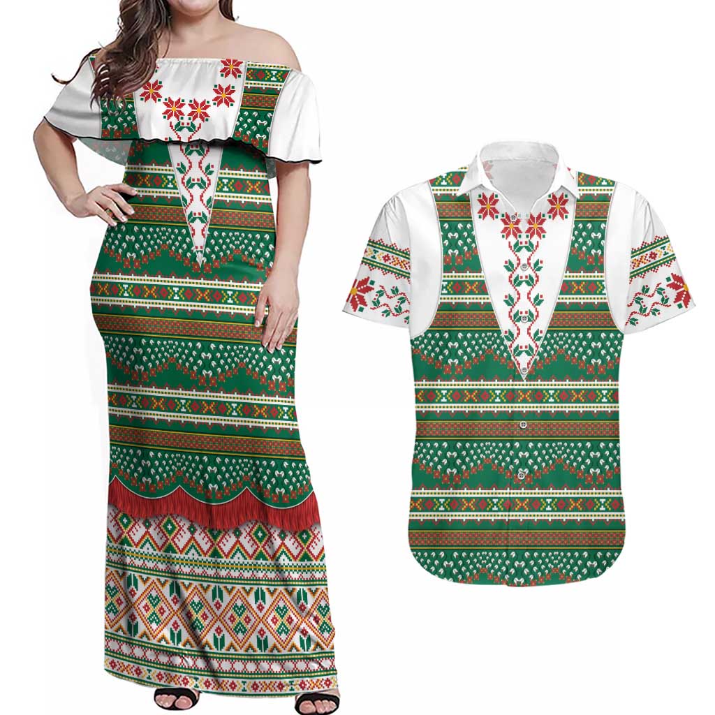Lithuanian National Costume Couples Matching Off Shoulder Maxi Dress and Hawaiian Shirt Traditional Folk Pattern - Wonder Print Shop