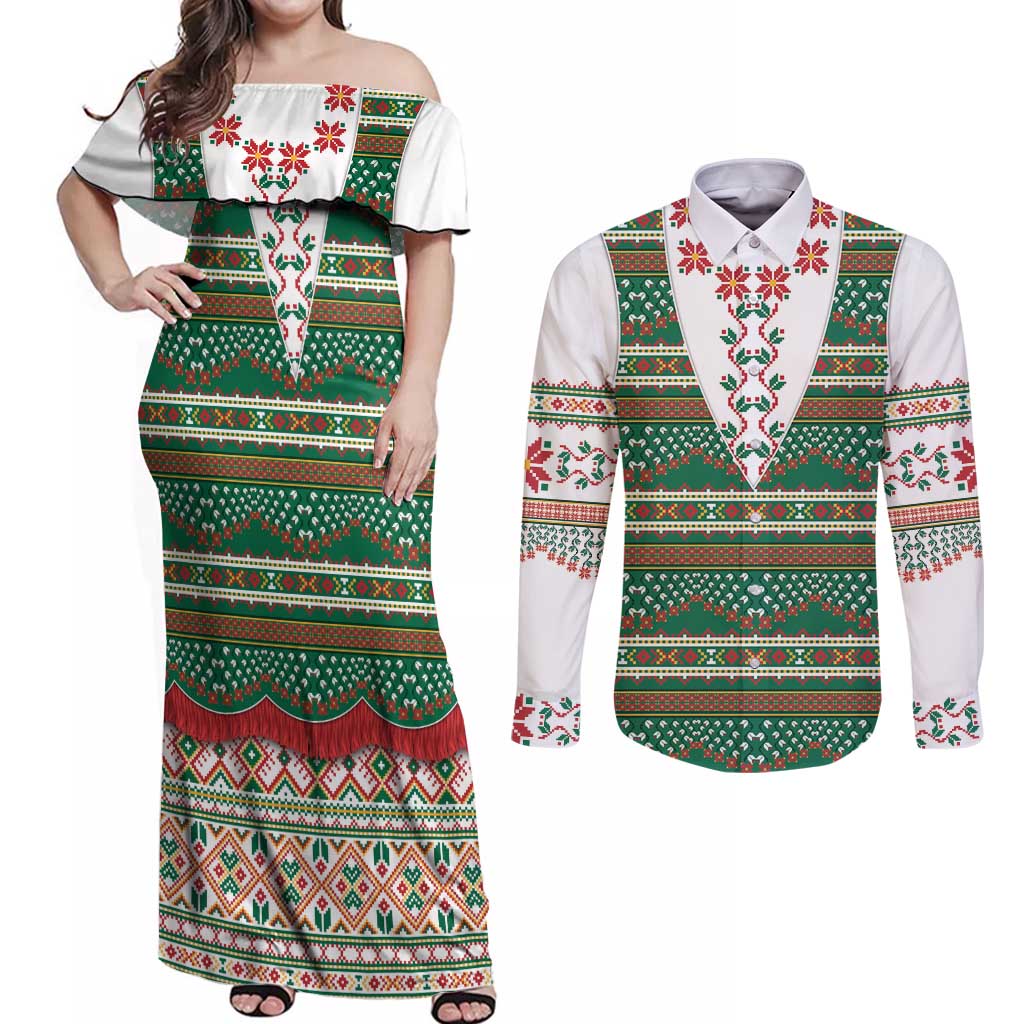 Lithuanian National Costume Couples Matching Off Shoulder Maxi Dress and Long Sleeve Button Shirt Traditional Folk Pattern - Wonder Print Shop