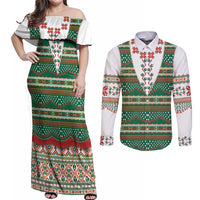 Lithuanian National Costume Couples Matching Off Shoulder Maxi Dress and Long Sleeve Button Shirt Traditional Folk Pattern - Wonder Print Shop