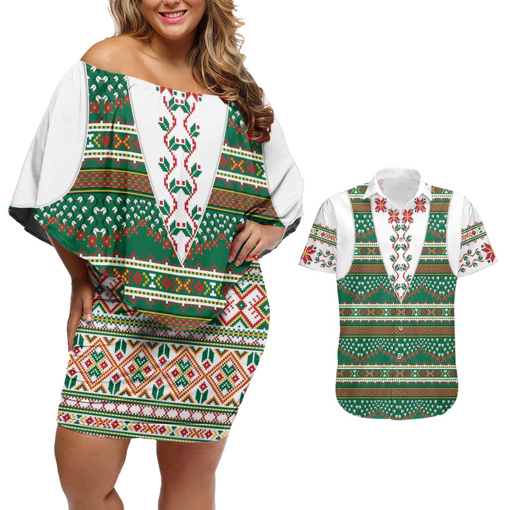 Lithuanian National Costume Couples Matching Off Shoulder Short Dress and Hawaiian Shirt Traditional Folk Pattern - Wonder Print Shop