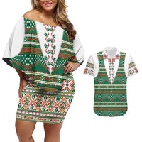 Lithuanian National Costume Couples Matching Off Shoulder Short Dress and Hawaiian Shirt Traditional Folk Pattern - Wonder Print Shop