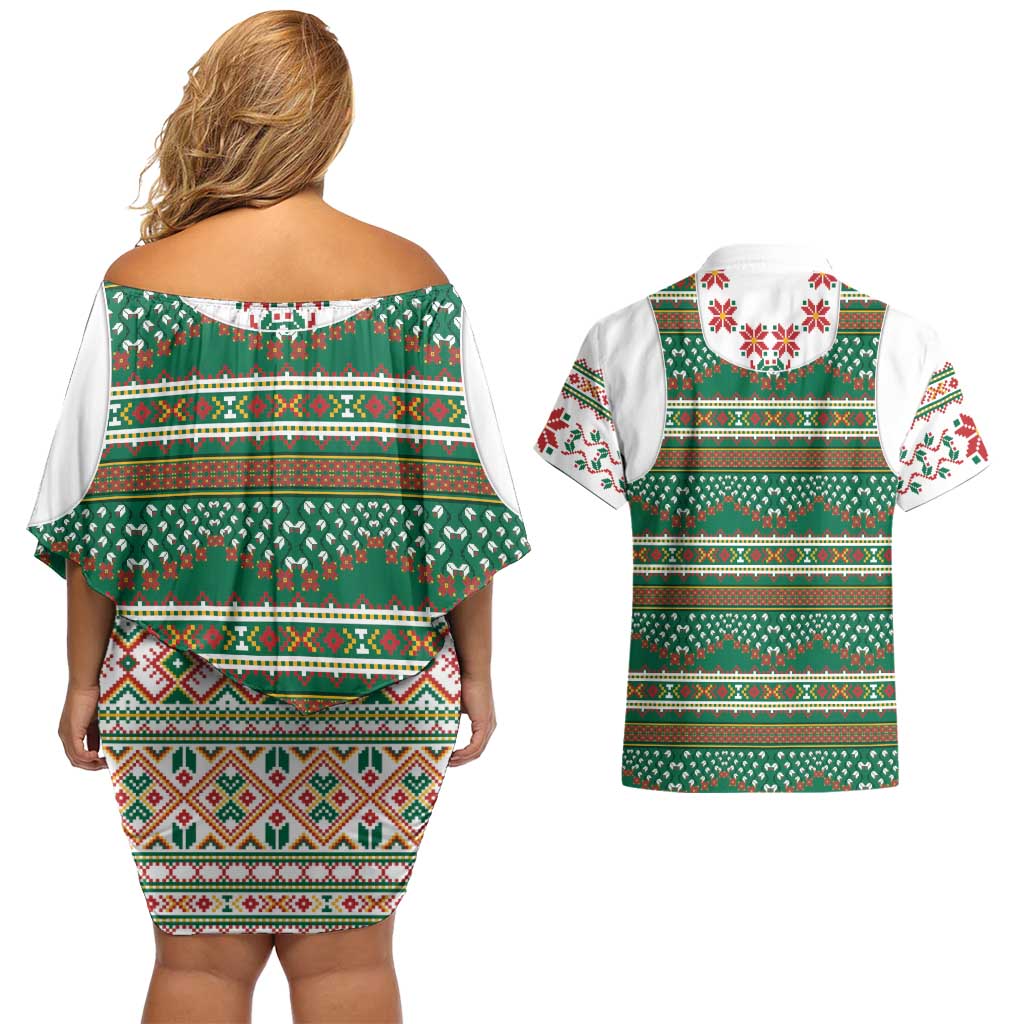 Lithuanian National Costume Couples Matching Off Shoulder Short Dress and Hawaiian Shirt Traditional Folk Pattern - Wonder Print Shop