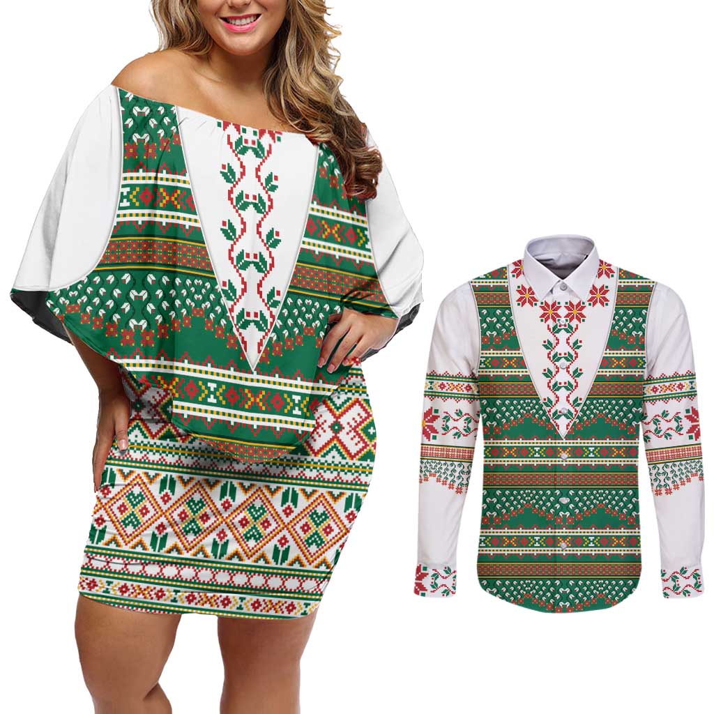 Lithuanian National Costume Couples Matching Off Shoulder Short Dress and Long Sleeve Button Shirt Traditional Folk Pattern - Wonder Print Shop