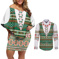 Lithuanian National Costume Couples Matching Off Shoulder Short Dress and Long Sleeve Button Shirt Traditional Folk Pattern - Wonder Print Shop
