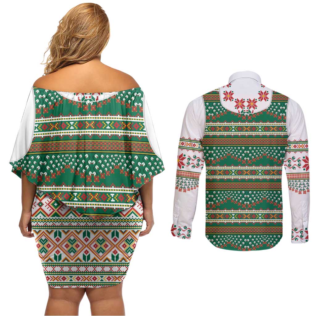 Lithuanian National Costume Couples Matching Off Shoulder Short Dress and Long Sleeve Button Shirt Traditional Folk Pattern - Wonder Print Shop