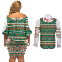 Lithuanian National Costume Couples Matching Off Shoulder Short Dress and Long Sleeve Button Shirt Traditional Folk Pattern - Wonder Print Shop