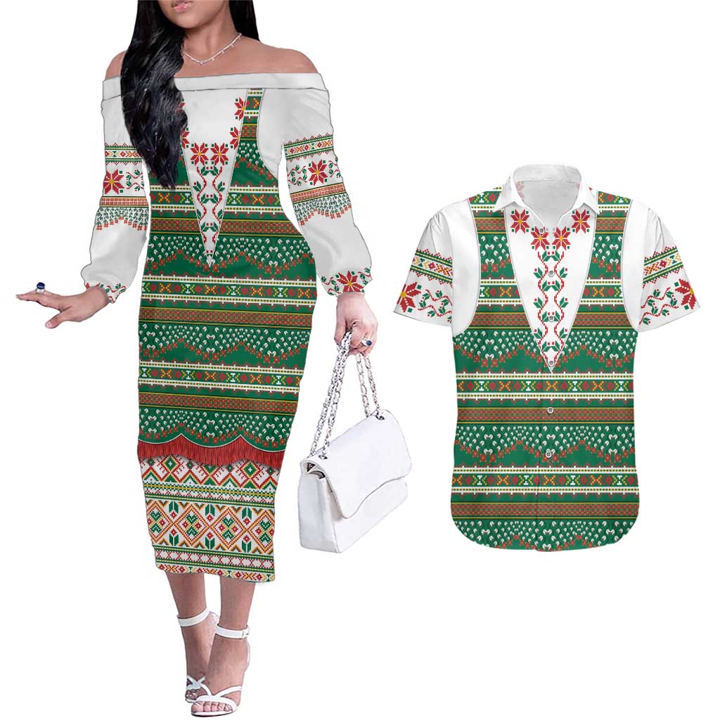 Lithuanian National Costume Couples Matching Off The Shoulder Long Sleeve Dress and Hawaiian Shirt Traditional Folk Pattern - Wonder Print Shop