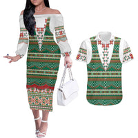 Lithuanian National Costume Couples Matching Off The Shoulder Long Sleeve Dress and Hawaiian Shirt Traditional Folk Pattern - Wonder Print Shop