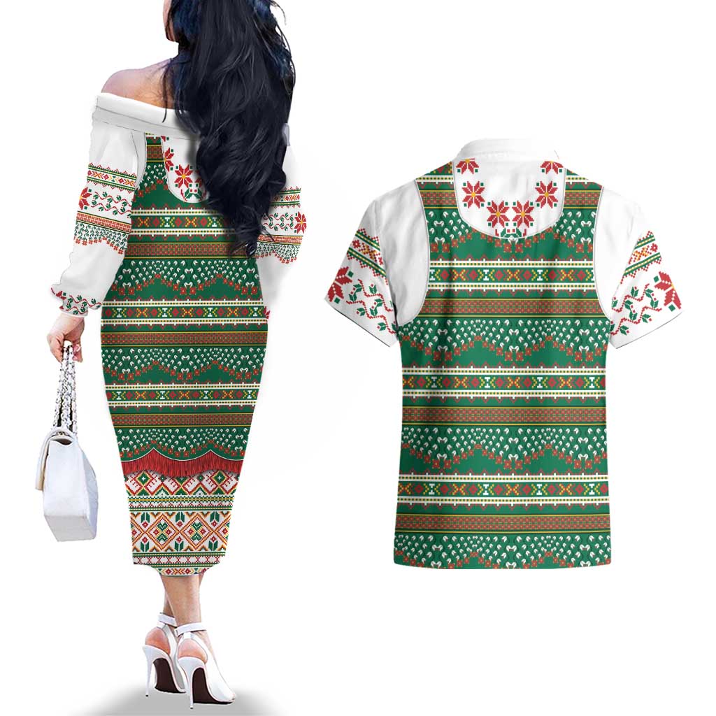Lithuanian National Costume Couples Matching Off The Shoulder Long Sleeve Dress and Hawaiian Shirt Traditional Folk Pattern - Wonder Print Shop