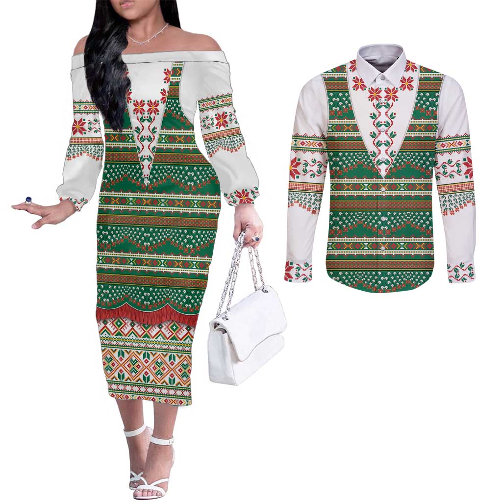 Lithuanian National Costume Couples Matching Off The Shoulder Long Sleeve Dress and Long Sleeve Button Shirt Traditional Folk Pattern - Wonder Print Shop