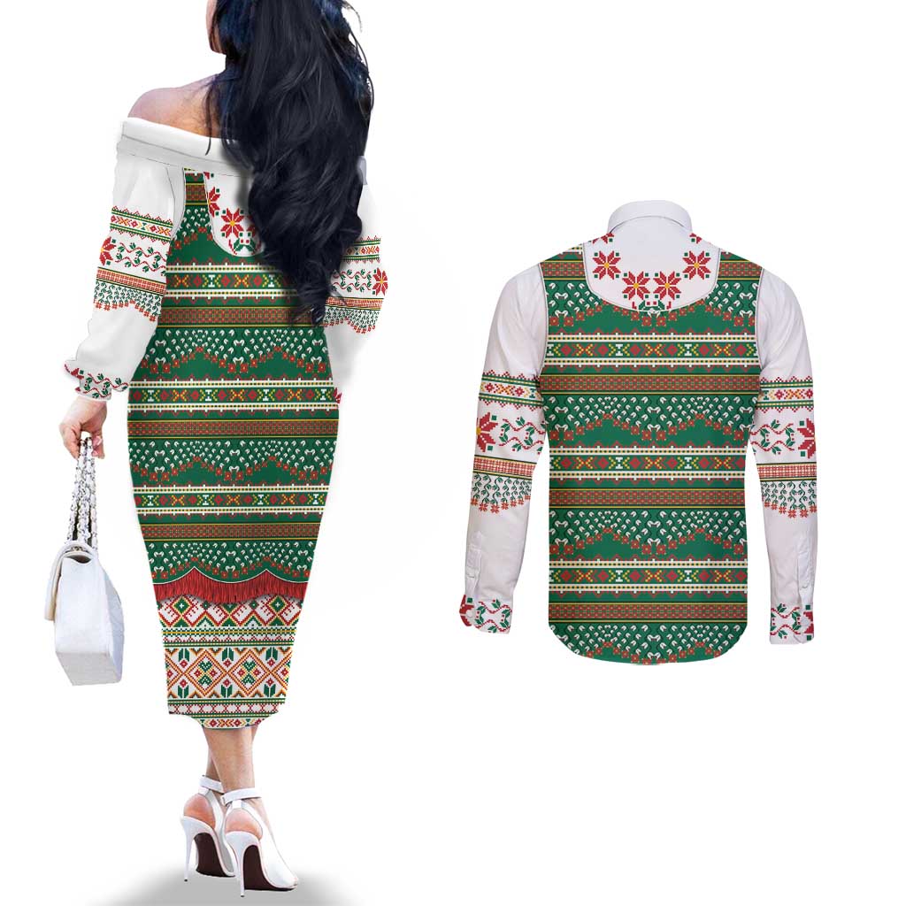 Lithuanian National Costume Couples Matching Off The Shoulder Long Sleeve Dress and Long Sleeve Button Shirt Traditional Folk Pattern - Wonder Print Shop