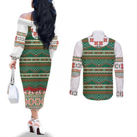 Lithuanian National Costume Couples Matching Off The Shoulder Long Sleeve Dress and Long Sleeve Button Shirt Traditional Folk Pattern - Wonder Print Shop