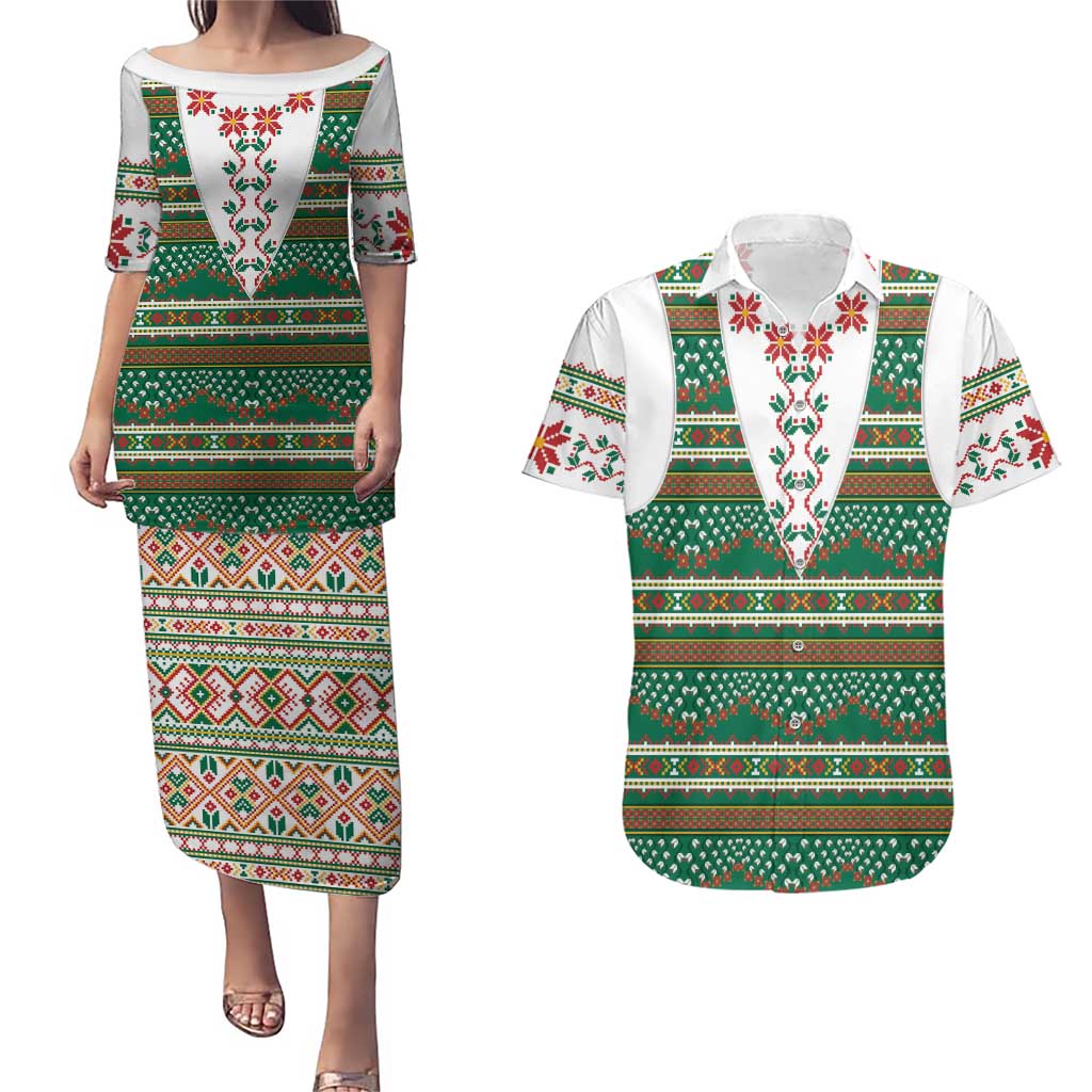 Lithuanian National Costume Couples Matching Puletasi and Hawaiian Shirt Traditional Folk Pattern - Wonder Print Shop