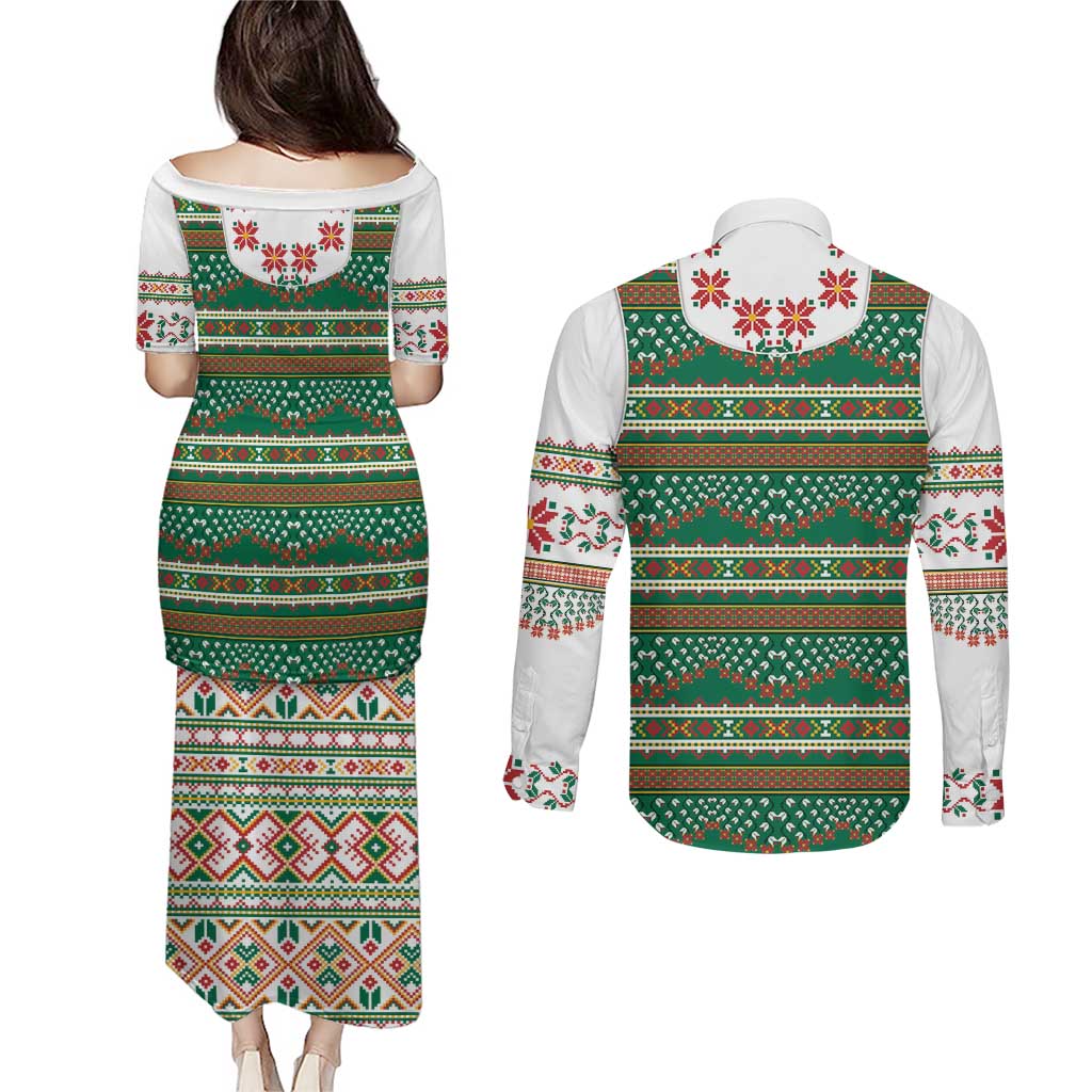 Lithuanian National Costume Couples Matching Puletasi and Long Sleeve Button Shirt Traditional Folk Pattern - Wonder Print Shop