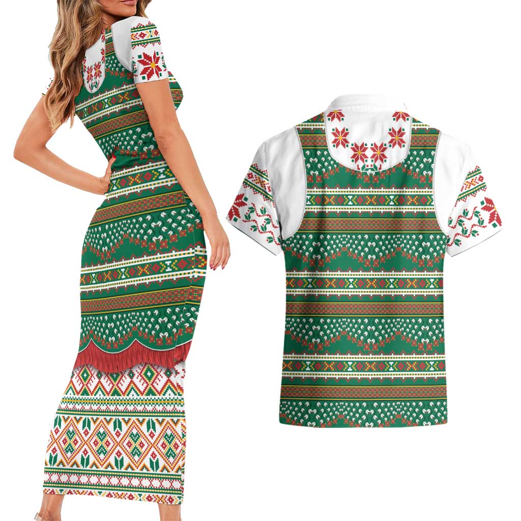 Lithuanian National Costume Couples Matching Short Sleeve Bodycon Dress and Hawaiian Shirt Traditional Folk Pattern - Wonder Print Shop