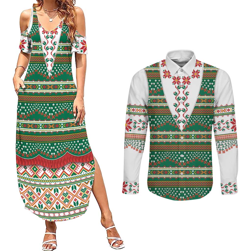 Lithuanian National Costume Couples Matching Summer Maxi Dress and Long Sleeve Button Shirt Traditional Folk Pattern - Wonder Print Shop