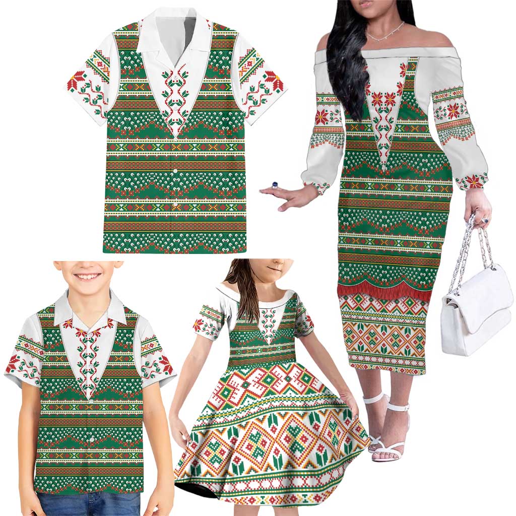 Lithuanian National Costume Family Matching Off The Shoulder Long Sleeve Dress and Hawaiian Shirt Traditional Folk Pattern - Wonder Print Shop