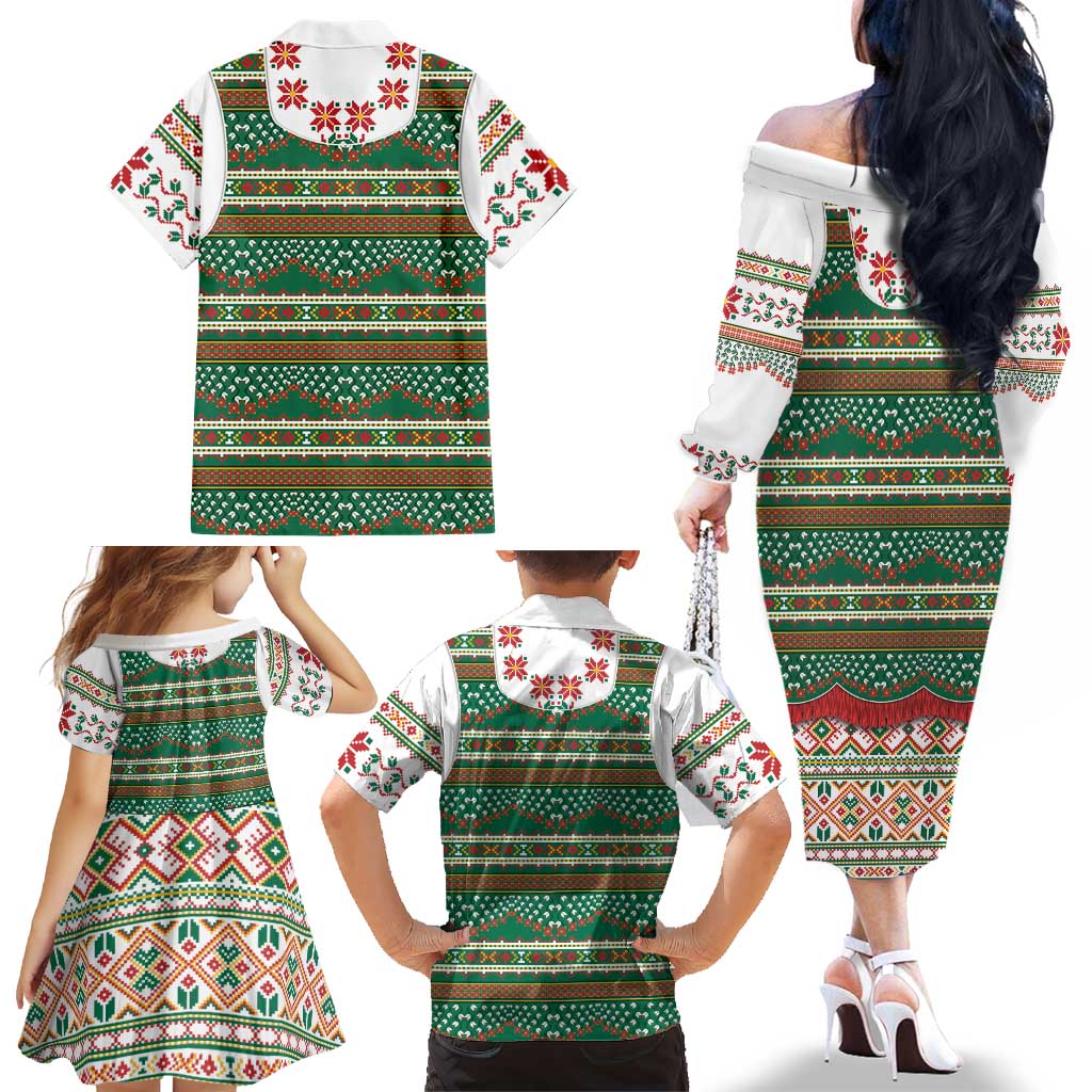 Lithuanian National Costume Family Matching Off The Shoulder Long Sleeve Dress and Hawaiian Shirt Traditional Folk Pattern - Wonder Print Shop