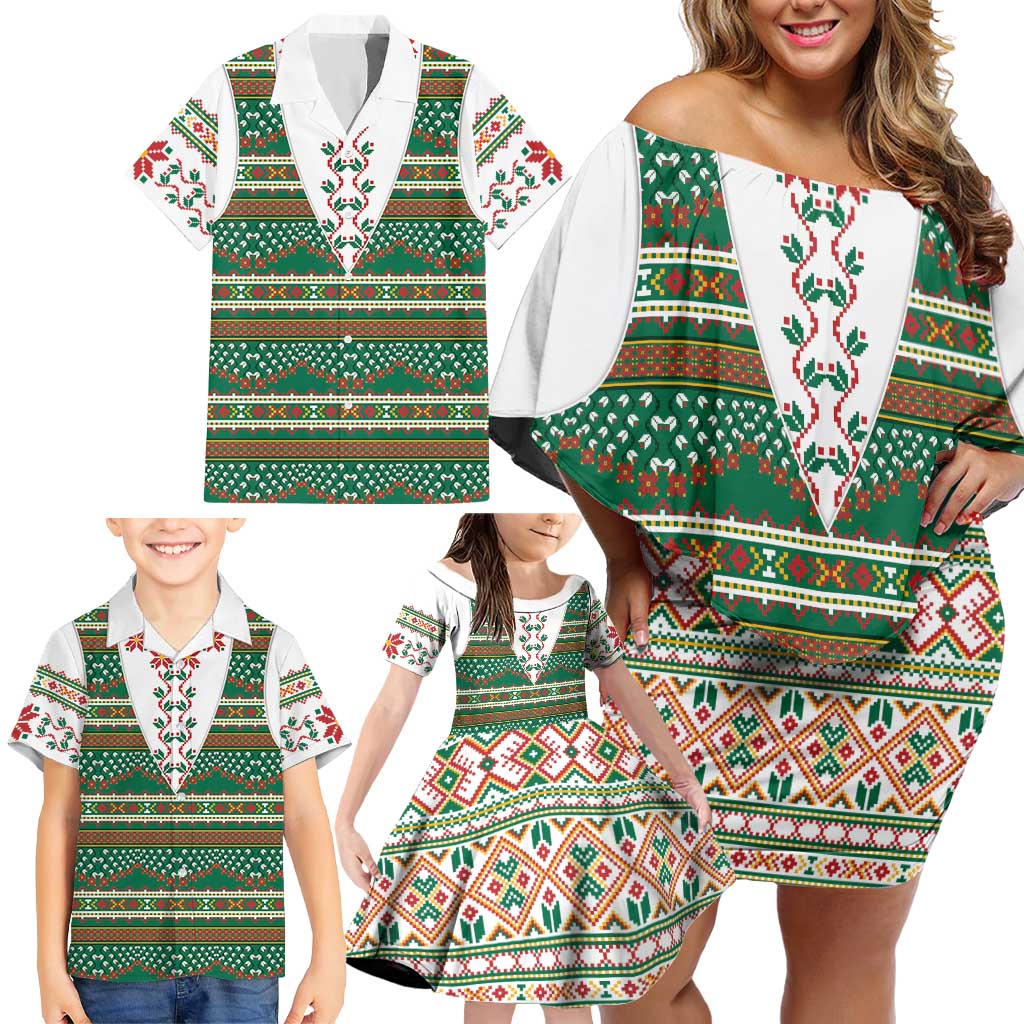 Lithuanian National Costume Family Matching Off Shoulder Short Dress and Hawaiian Shirt Traditional Folk Pattern - Wonder Print Shop