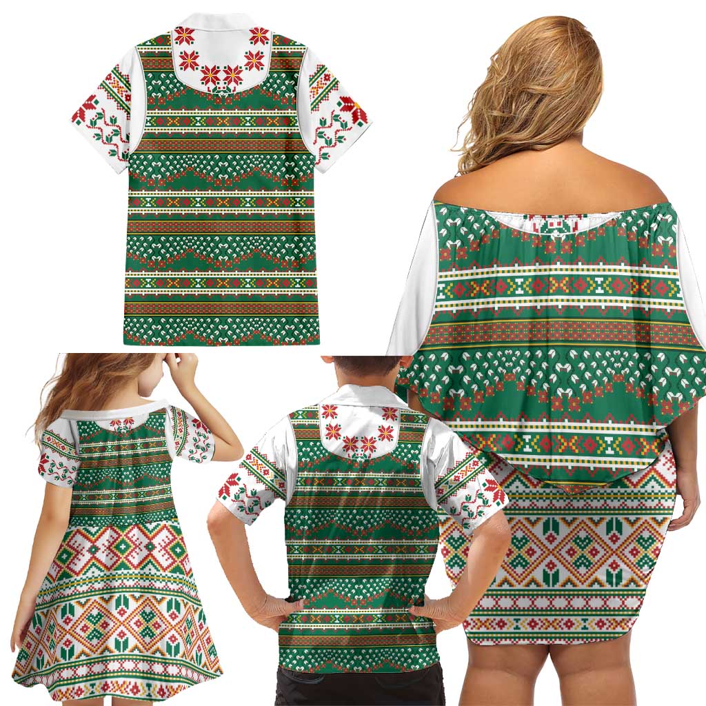 Lithuanian National Costume Family Matching Off Shoulder Short Dress and Hawaiian Shirt Traditional Folk Pattern - Wonder Print Shop