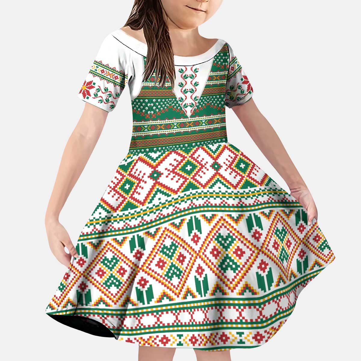 Lithuanian National Costume Kid Short Sleeve Dress Traditional Folk Pattern - Wonder Print Shop