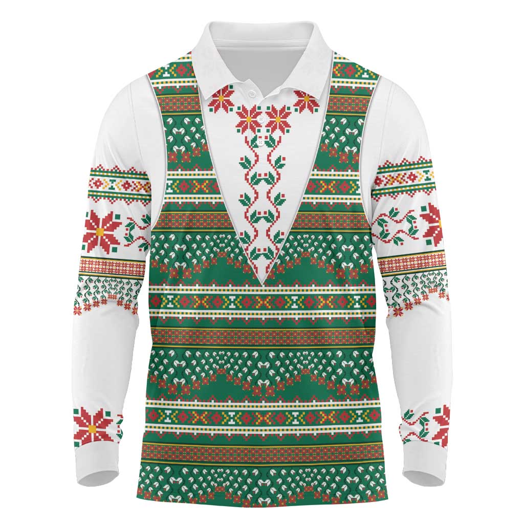 Lithuanian National Costume Long Sleeve Polo Shirt Traditional Folk Pattern - Wonder Print Shop