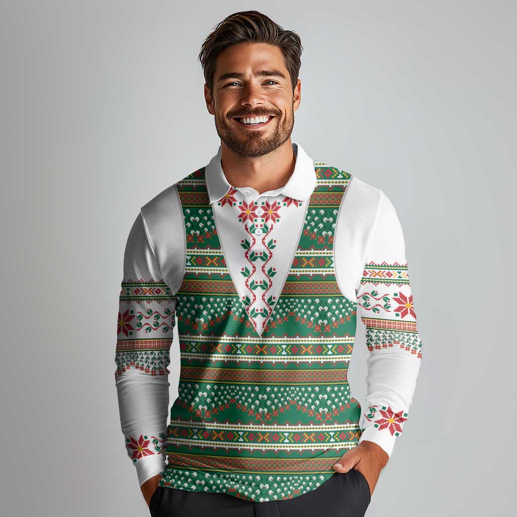 Lithuanian National Costume Long Sleeve Polo Shirt Traditional Folk Pattern - Wonder Print Shop
